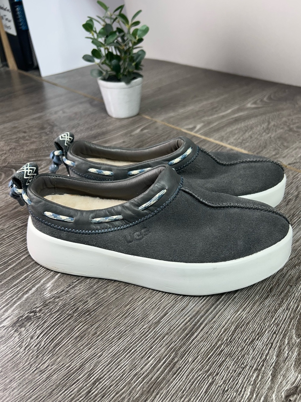 UGG Charcoal Suede Slip-On Sneakers with White Platform
